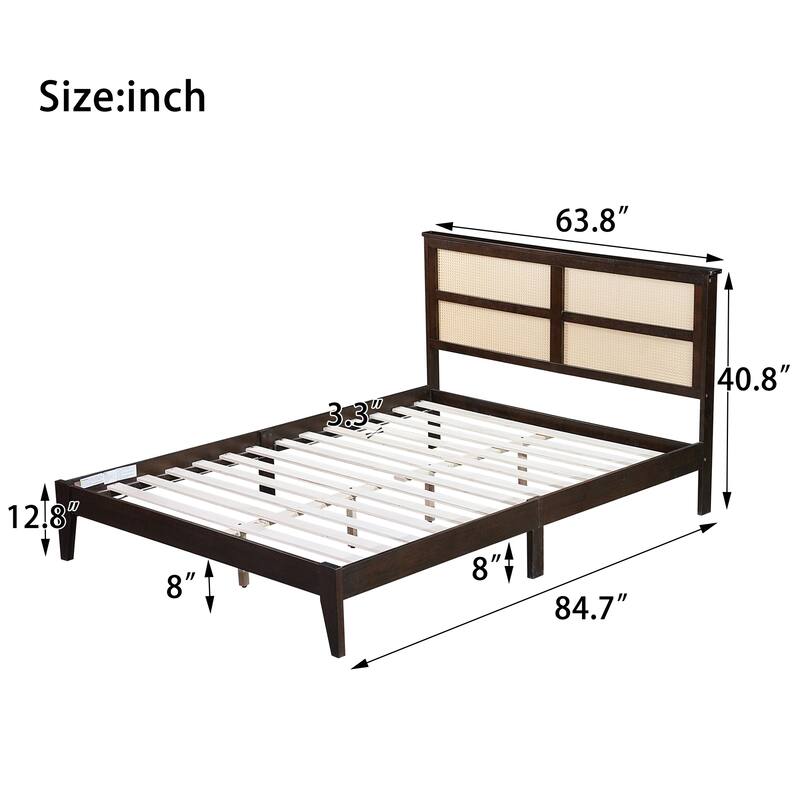 Wood Queen Size Rubber Wooden, Solid Wooden Bed with Rattan Headboard, Enhanced by Support Feet