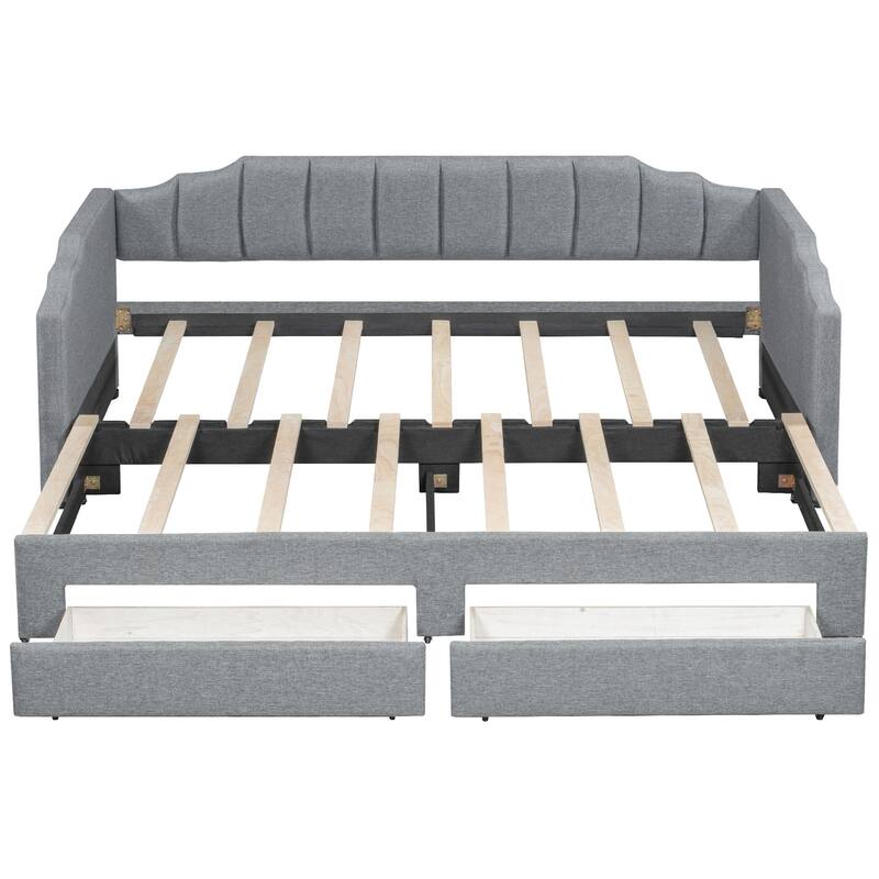 Twin XL Size Upholstered Daybed Extendable King Size Sofa Bed Frame with 2 Storage Drawers and LED Light, Platform Storage Bed