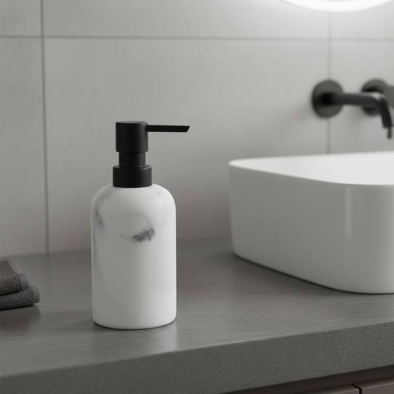 Marble Resin Soap Dispenser with Black Pump - 2.8 L x 2.8 W x 6.8 H - White