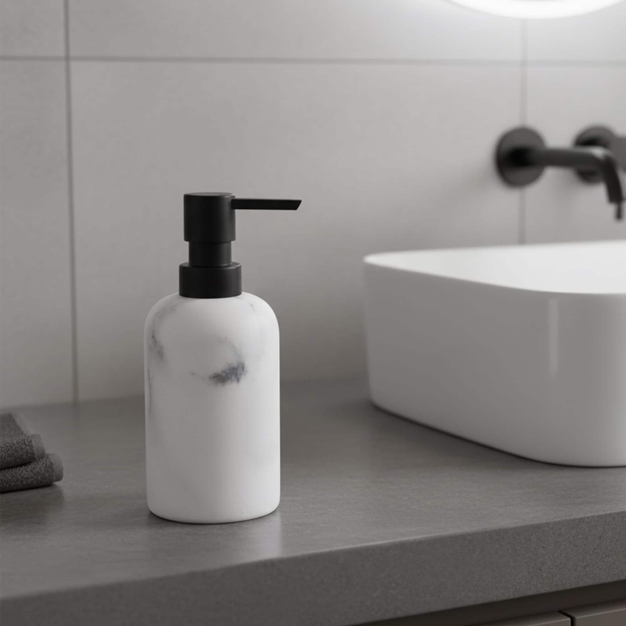 Marble Resin Soap Dispenser with Black Pump - 2.8 L x 2.8 W x 6.8 H