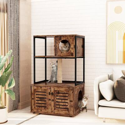 Grondin Cat Litter Box Enclosure with Cat Tree Tower, Industrial Style Hidden Cat Washroom Cabinet with Scratching Posts