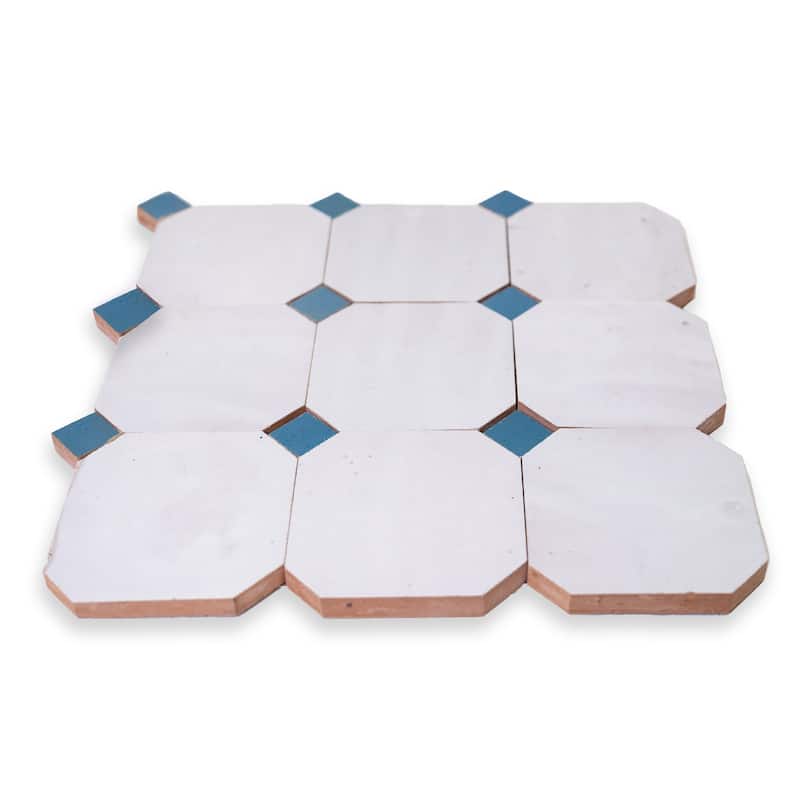 Contemporary Zellige Panels, 12" X 12" X 1/2", White - Maya blue Accents