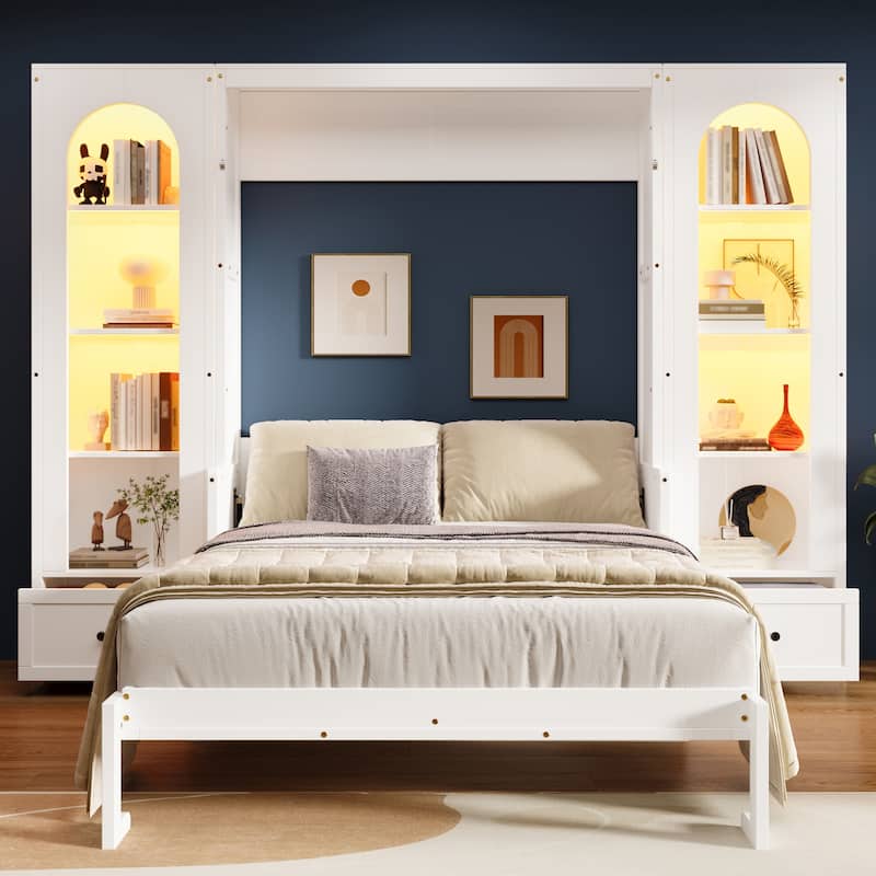 Murphy Bed Queen Size Bookcase Bed Platform Bed with Side Cabinets and 2 Drawers, Elegant French Folding Bed LED Wall Bed