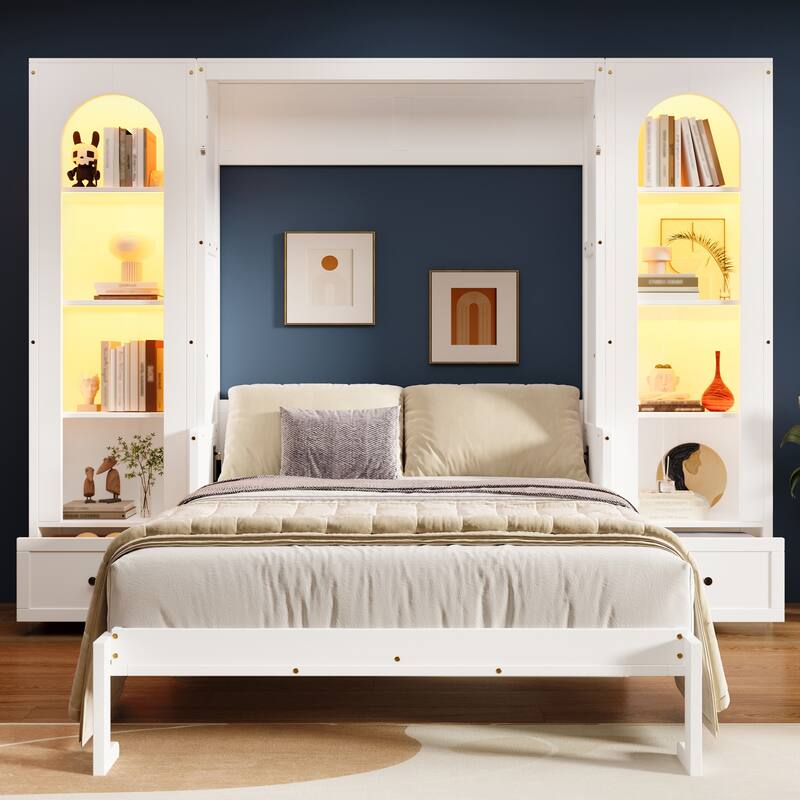 Queen Size Murphy Platform Bed with Storage Space and LED Lights by Harper&Bright Designs