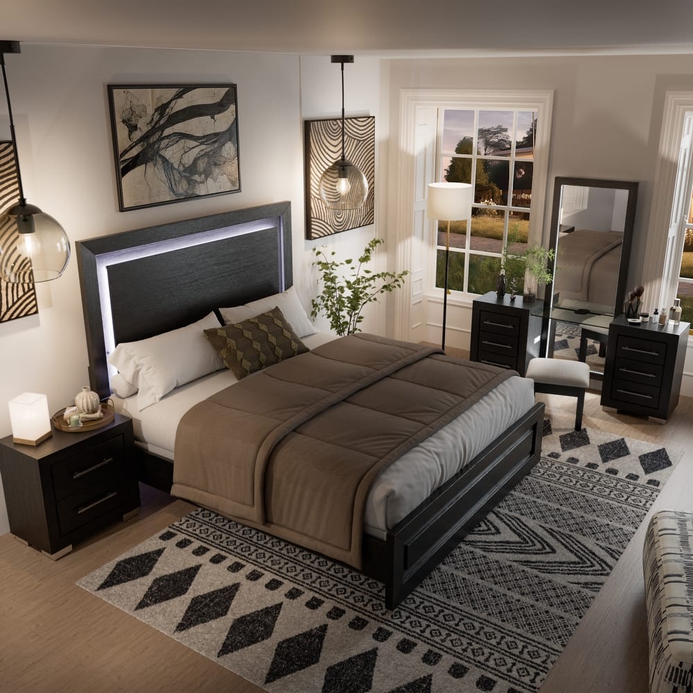 Furniture of America Alaric Modern Black Solid Wood 3-Piece Bedroom Set with 69-inch Makeup Vanity and Nightstand