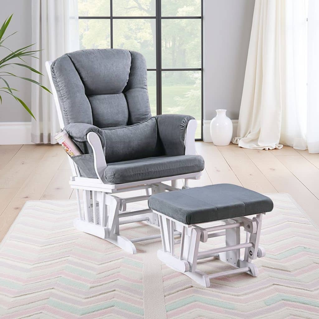 Noni Glider Manual Recliner Chair w Square Ottoman, White Wood, Gray