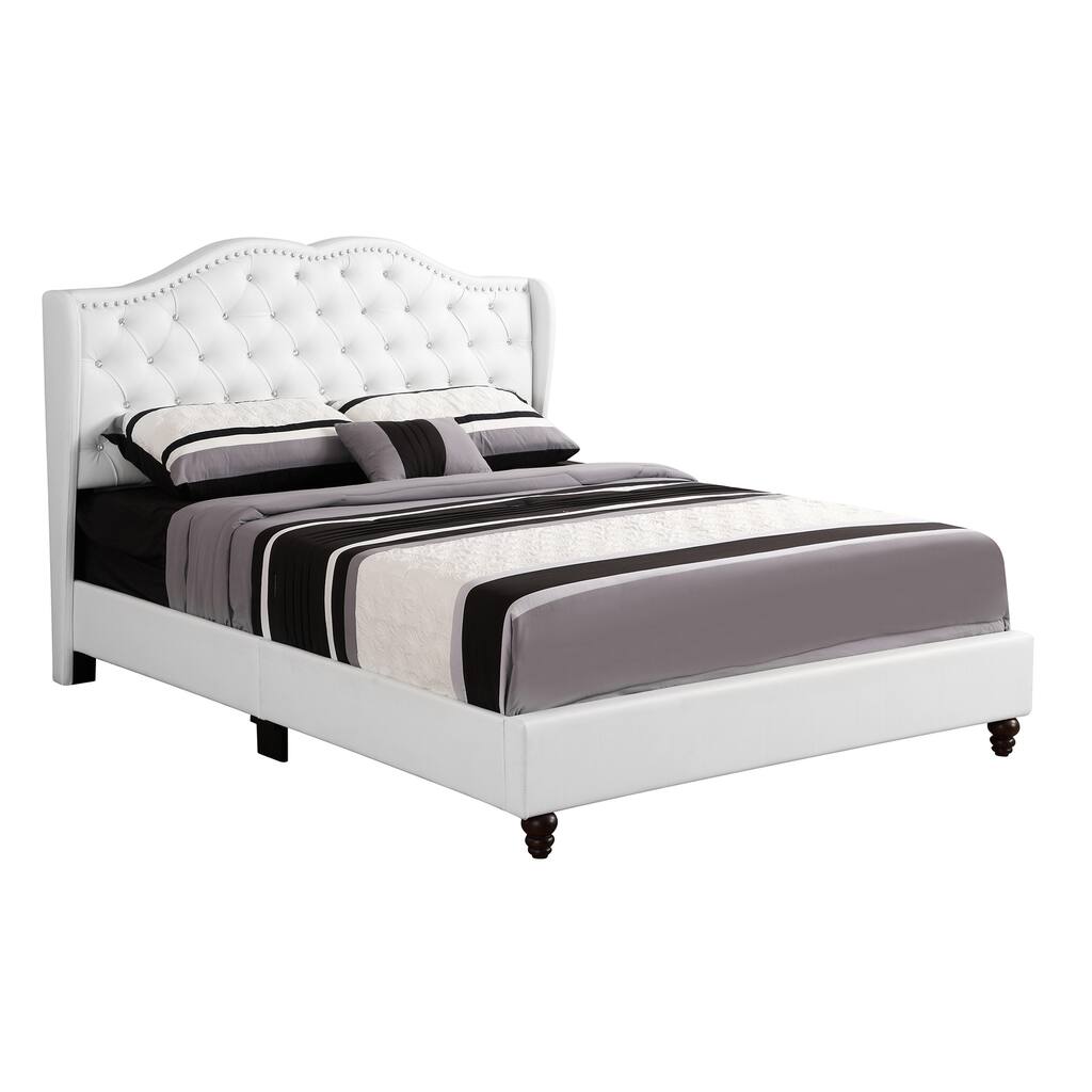 White Tufted Panel Bed - Jewel Wingback Headboard & Wood Frame - Requires Box Spring
