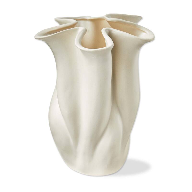 Organic Swirl Edge Ivory Ceramic Decorative Vase 7.75 in H for Everyday Use Wipe Clean with Damp Cloth
