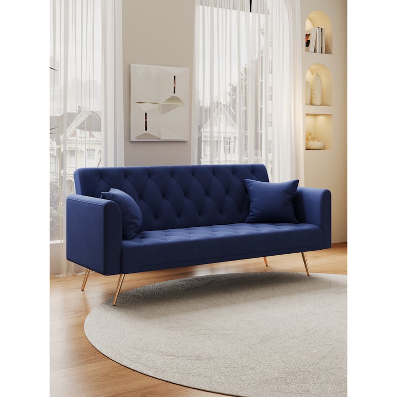 Velvet Upholstered Armsofa with Adjustable Backrest, Convertible Sleeper Sofa Bed, Stylish Loveseat with Metal Legs