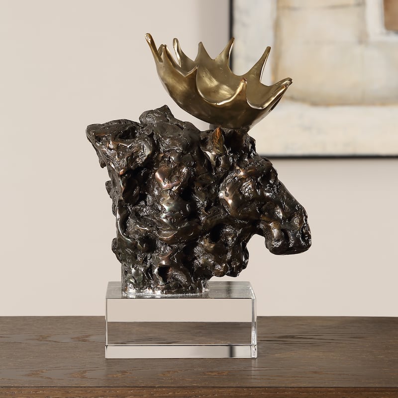Moose Bust Sculpture with Crystal Base - 12.25" - Bronze and Gold