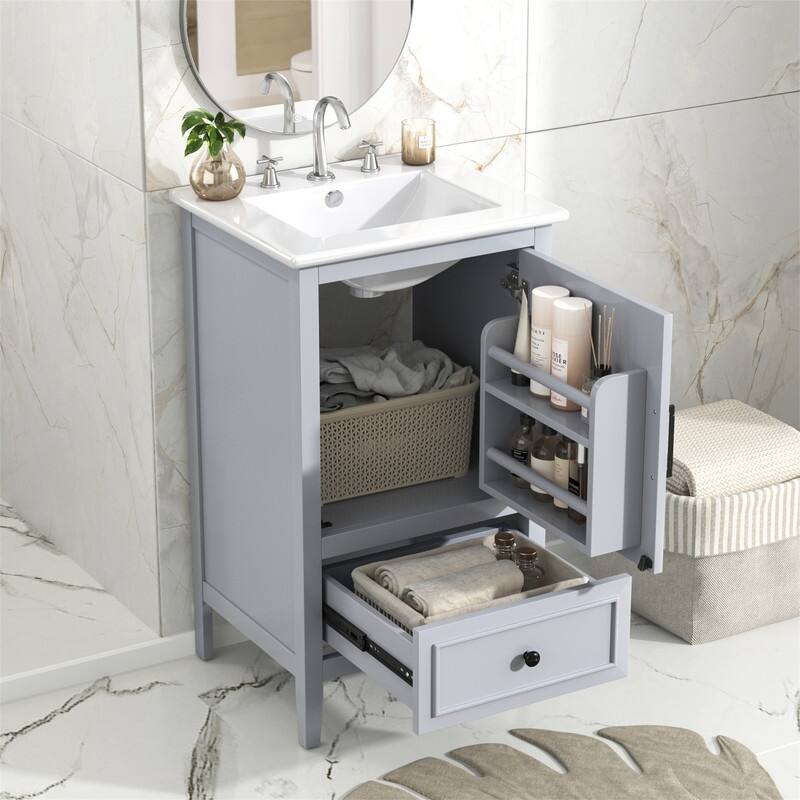 20" Bathroom Vanity with Ceramic Sink, Freestanding Bathroom Vanity Cabinet with 1 Door, 1 Storage Drawer and Door Shelf Design