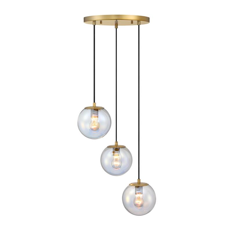 Neva 3-Light Brushed Gold Transitional Globe Chandelier for Entryways with 7 in. Clear Iridescent Glass Shades - 17.75