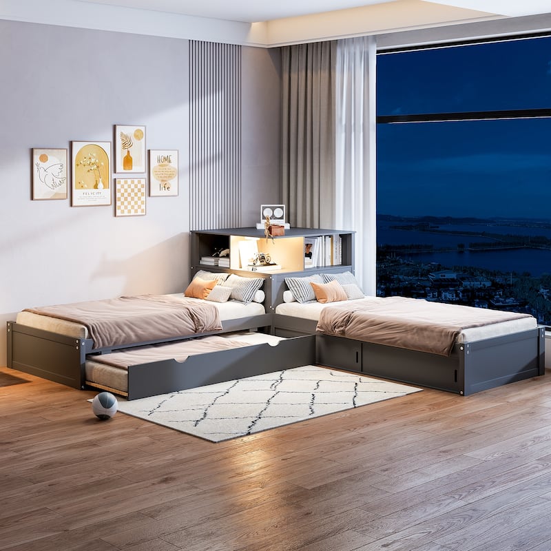 Roomfitters Twin L-Shaped Platform Bed with Trundle, Storage Cabinets and LED Desk