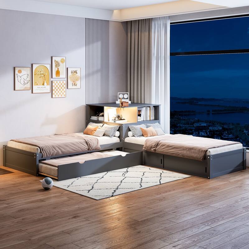 Twin Size L-shaped Bed Frame with Trundle Bed and Storage Cabinets, Desk, Lighting, Corner Platform Storage Bed Frame - Grey - Twin