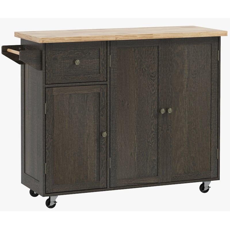 HOMCOM Triple-Cabinet Rolling Kitchen Island, Rolling Utility Kitchen Cart with Storage Shelf, Wood Top, Distressed Brown - Brown - Portable - Wood