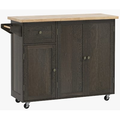 HOMCOM Triple-Cabinet Rolling Kitchen Island, Rolling Utility Kitchen Cart with Storage Shelf, Wood Top, Distressed Brown