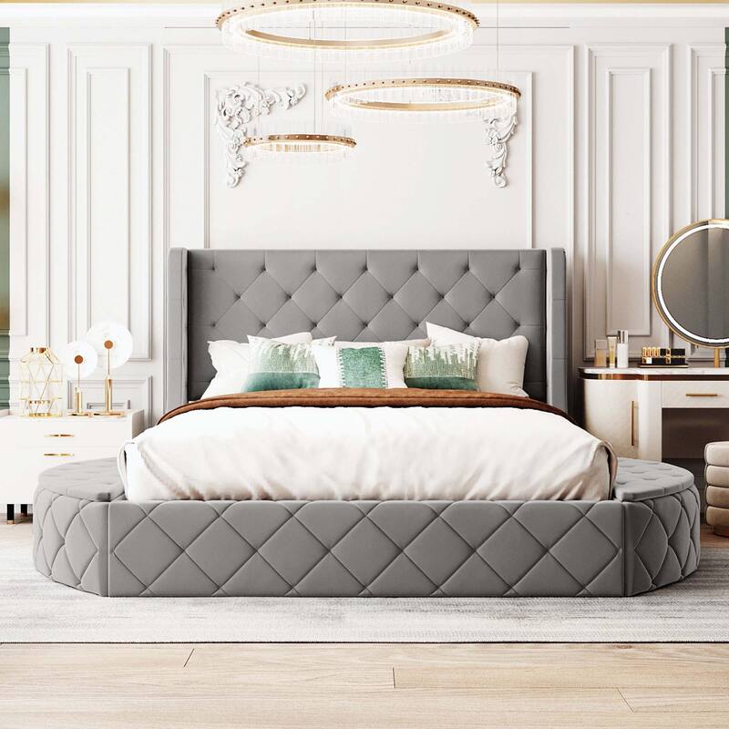 Queen Size Upholstered Platform Bed with Wingback Headboard and 1 Big Drawer,2 Side Storage Stool - Grey