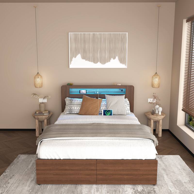 Bed Frame Full Size, Wood Platform Bed Frame with 2 Storage Drawers,and with Storage LED Light Headboard