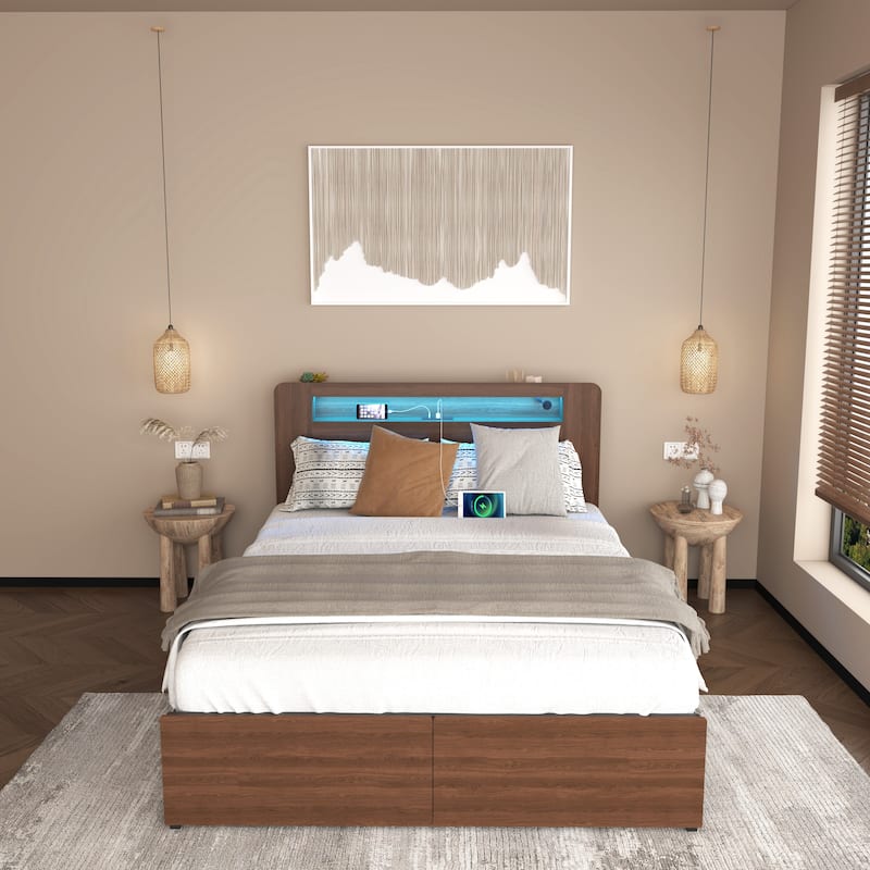 Farmhouse Brown Wooden Low Profile Platform Bed Frame with 2 Pull-out Drawers and Bookcase Storage Headboard Built-in LED Light