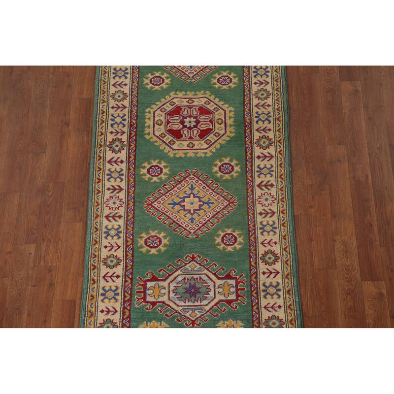 Traditional Green Kazak Runner Rug Hand-Knotted Wool Carpet - 2'8" x 16'4"
