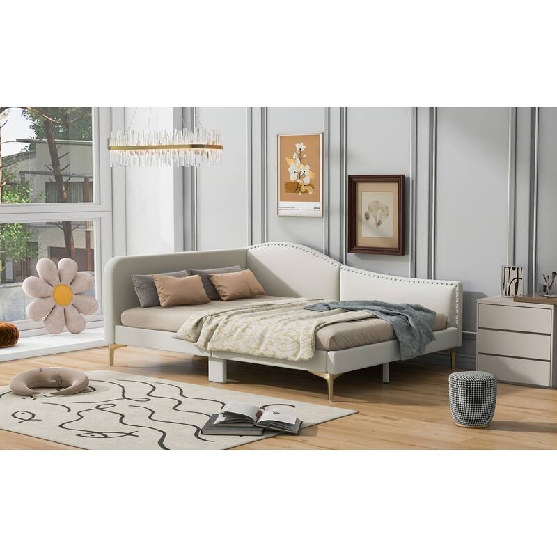 Modern Upholstered Full Size Daybed with Headboard and Armrest, Beige Linen Fabric, Sturdy Wood Frame
