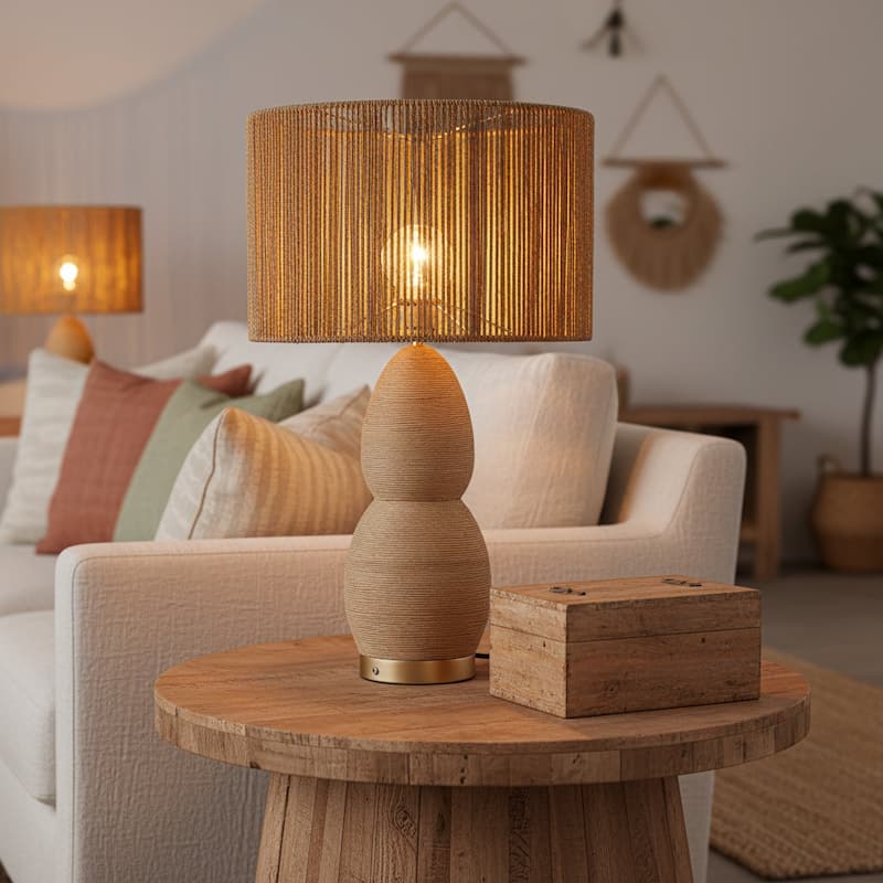 Brise 27" Rattan Table Lamp with USB 3-Way Touch Dimmer