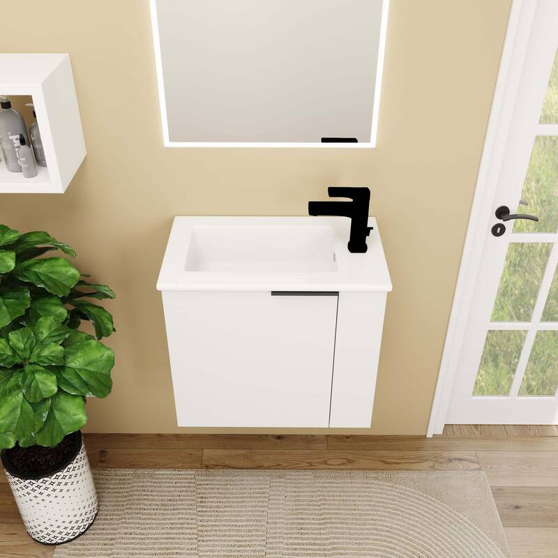 22 inch Plywood Wall-Mounted Bathroom Vanity in Grey Oak with Integrated Ceramic Sink in White with Soft Closing Door