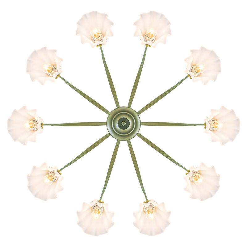 Botanical Green Chandelier with Floral Frosted Glass Shades