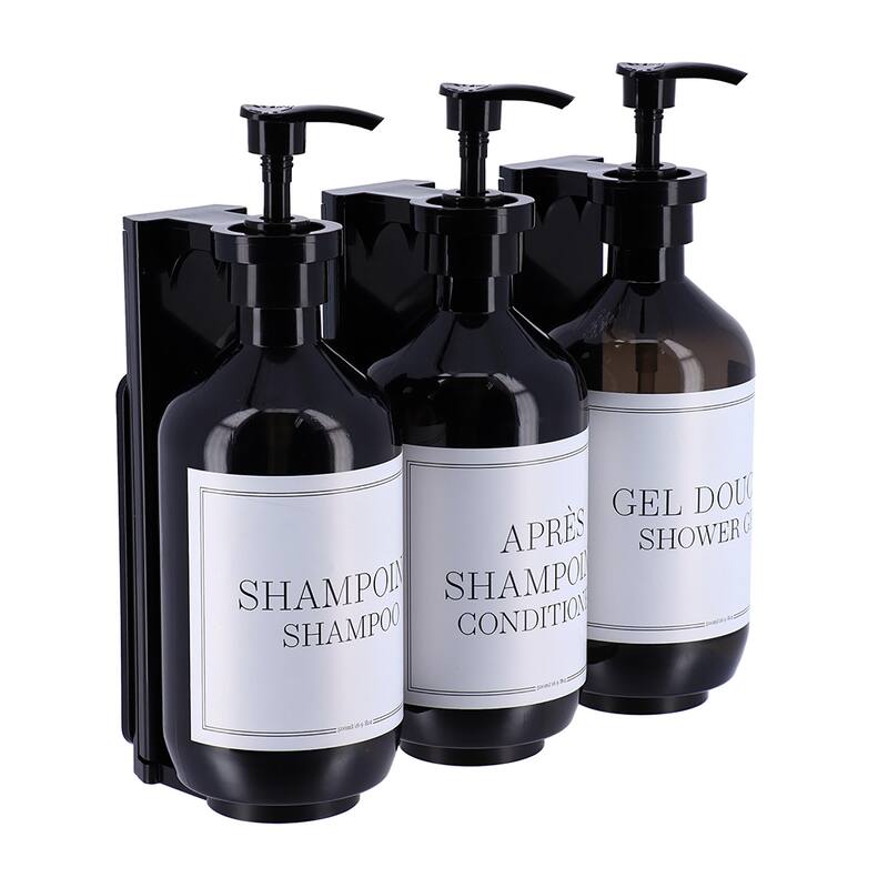Set of 3 Black Wall-Mounted Shower Dispensers 17 fl oz (500ml) - 9.25 L x 3.75 W x 8 H