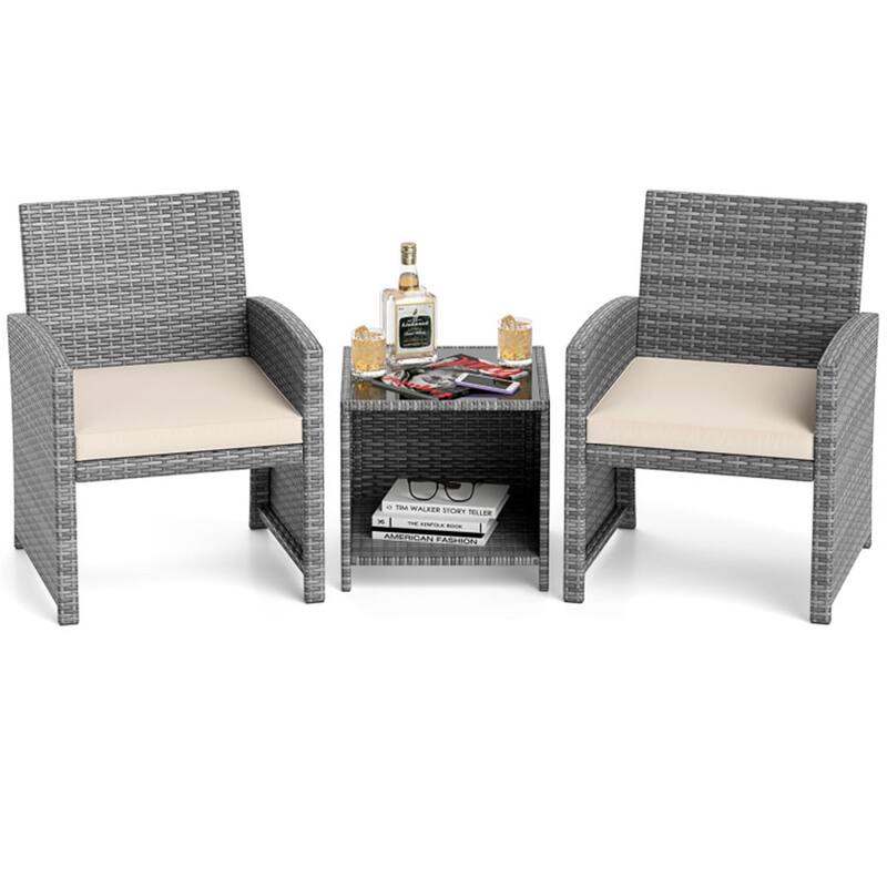 2-Piece Rattan Bistro Set with Comfortable Cushions and Tempered Glass Table Outdoor Patio - Table: 18" × 18" × 17"