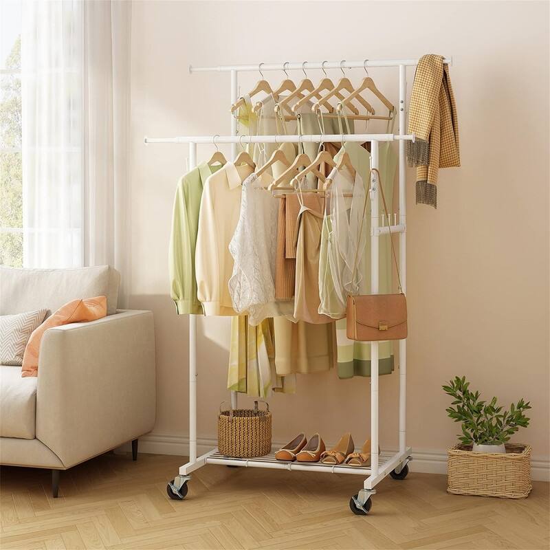 Double Rod Garment Rack - 26"D x 47.3"W x 64.2"H - White