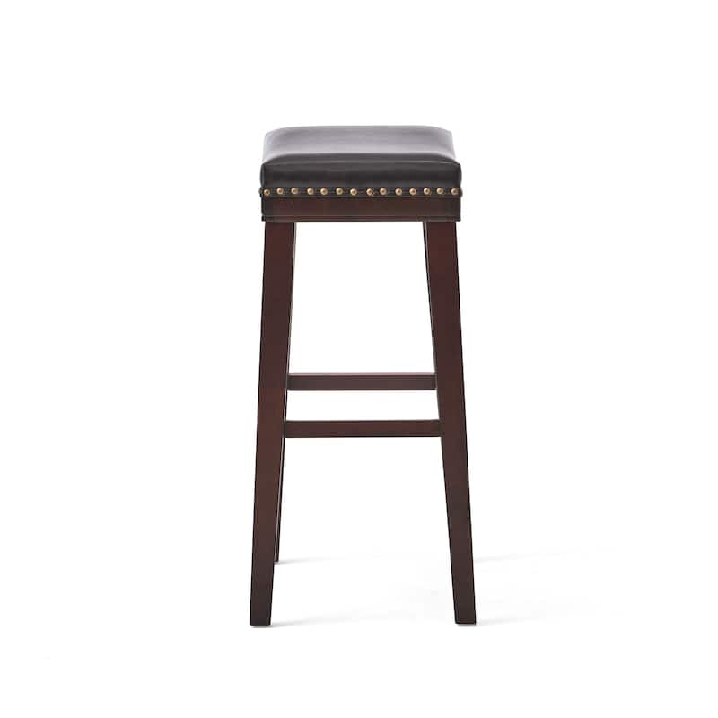 Clare Barstool Set of 2, Black Faux Leather, Nailhead Trim, Dark Brown