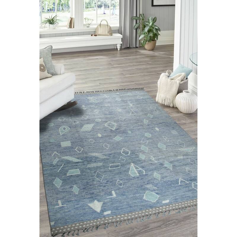 Home Decor Blue Hand-Knotted Wool Contemporary Shapes Marrakech Handspun Area Rug. Elegant and Stylish Rug for Living Room