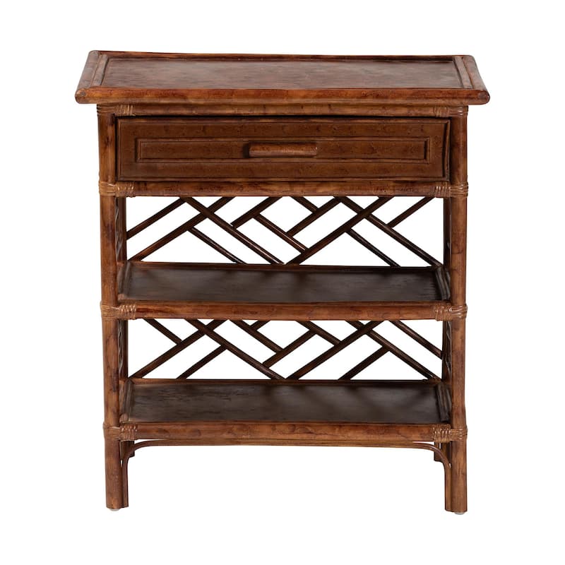 Daemyn Marbled Tortoise Natural Rattan Nightstand - Handcrafted Wicker Bedside Table with Drawer and Open Shelving