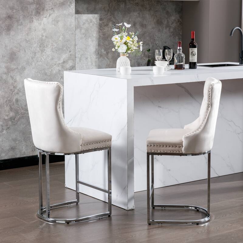 Set of 2 Modern Velvet Barstools with Chromed Metal Base Legs