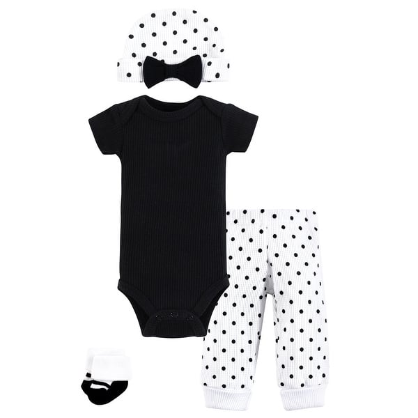 slide 1 of 1, Hudson Baby Girls Thermal Preemie Layette Set 4pc Short Sleeve Outfit, Black White Dots, Preemie - Black White Dots Short Sleeve Preemie - Black White Dots Short Sleeve