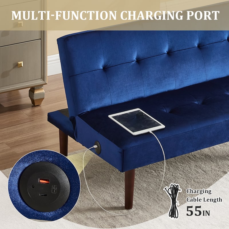 Roomfitters Foldable Flannel Sofa Bed, Adjustable Recliner Futon with Charging Port for Living Room, Bedroom or Office