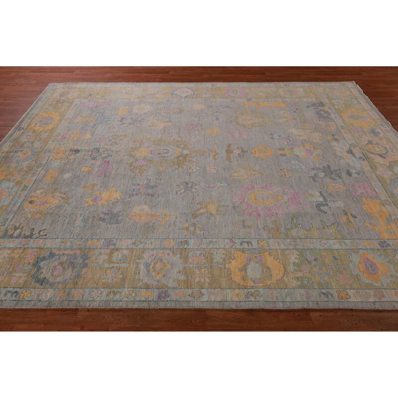 Hand Knotted Oriental 100% Wool Carpet Transitional All-Over Greys & Charcoal Oushak Area Rug - 9' 3'' X 7' 9''