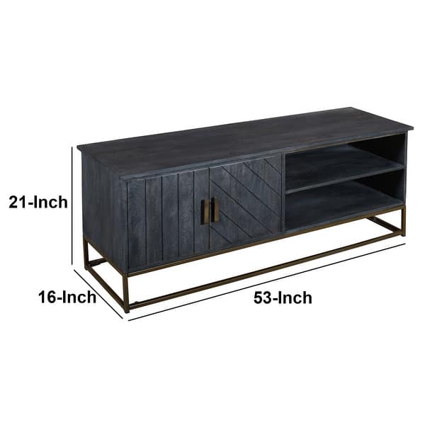 53 Inches Plank Design 2 Door Mango Wood TV Media Cabinet with Metal Base, Gray
