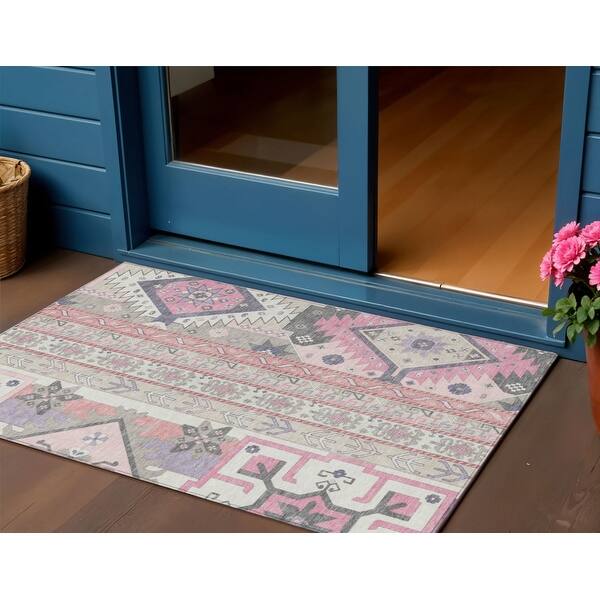 3' X 5' Pink Gray And Ivory Aztec Washable Indoor Outdoor Area Rug - 3 ...