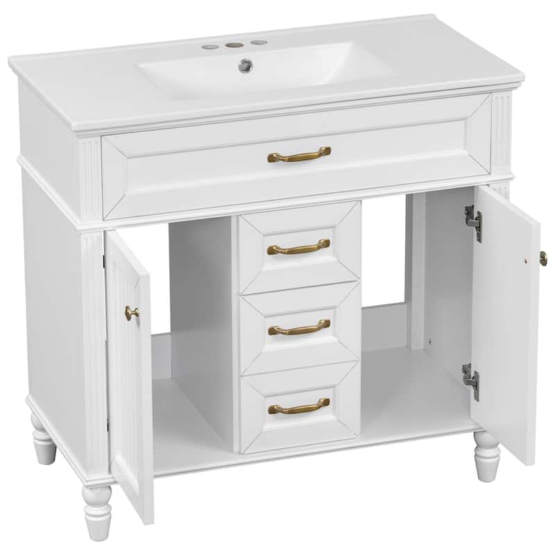 GDF Studio - Sunny Modern Solid Wood + MDF 36-Inch Bathroom Vanity with Ceramic Sink and Flip-Out Drawer