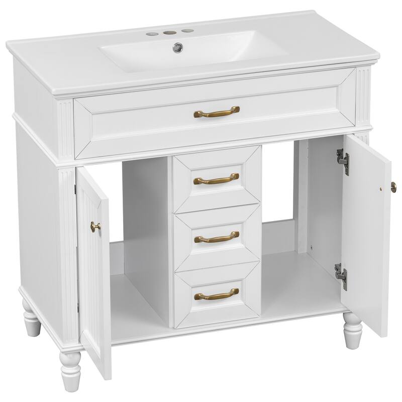 Roomfitters 36" Bathroom Vanity with Sink, Solid Wood Frame, Flip-Out Drawer & Soft-Close Doors
