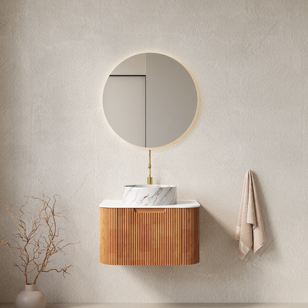 24" Bathroom Vanity, Floating Curved Edges Striped Storage Cabinet with Drawer, Glossy Stone White Round Ceramic Basin