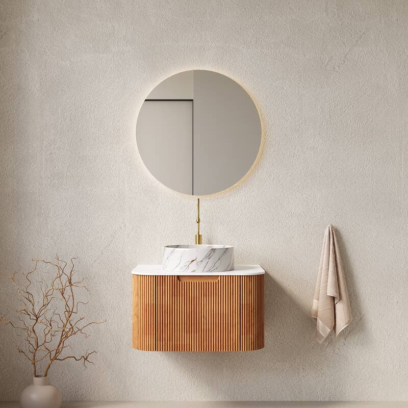 24" Bathroom Vanity, Floating Curved Edges Striped Storage Cabinet with Drawer, Glossy Stone White Round Ceramic Basin - Natural Wood,White