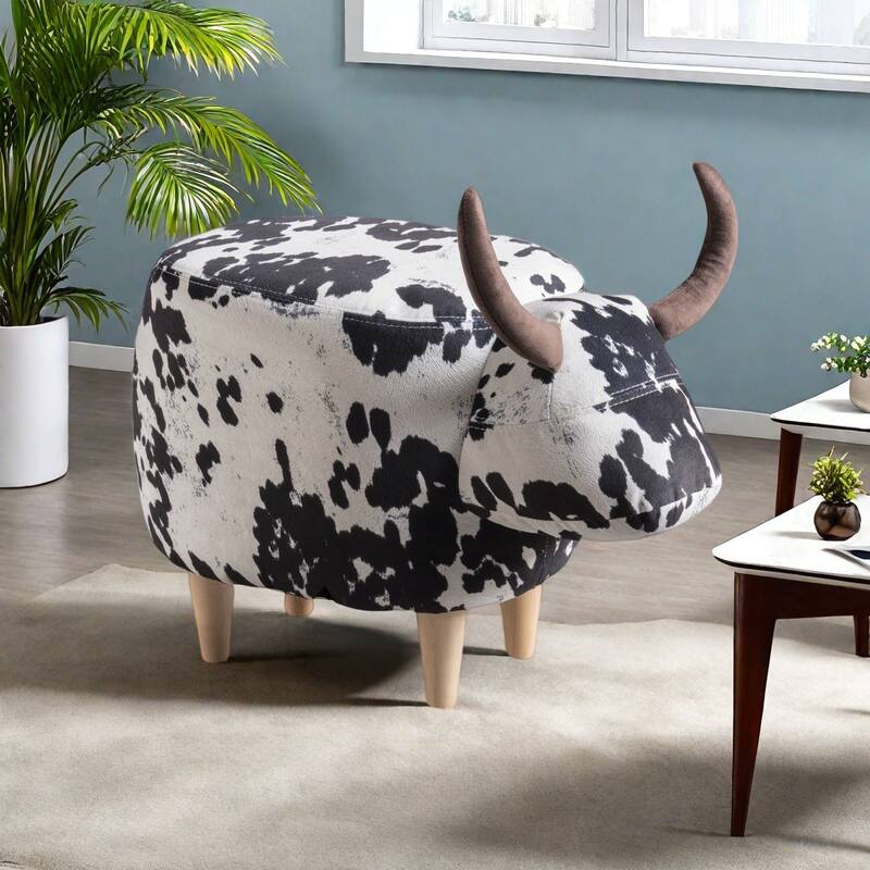 Cow Animal Shape Kids Ottoman, Cute Wood Foot Stool Shoes Changing Seat & Cushioned for Adult Living Room, Bedroom, Playroom