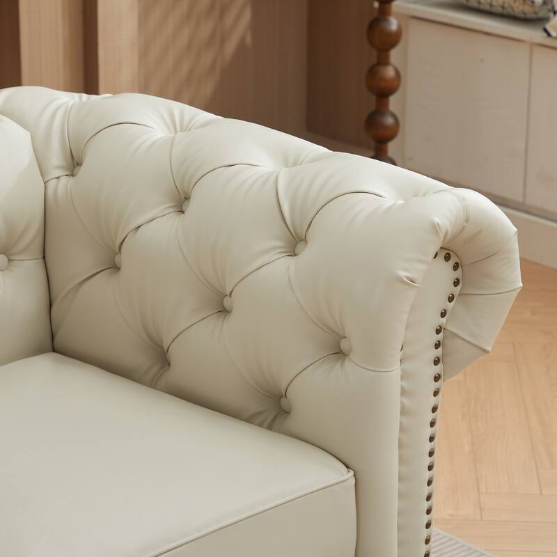 Vintage PU Button-Tufted Sofa Couch, Flared Arms, Rubberwood Legs & Nailhead Trim