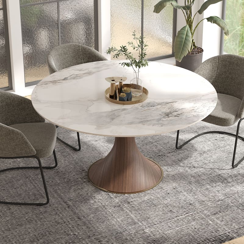 Modern Round Stone Top Black Woodgrain Pedestal Dining Table