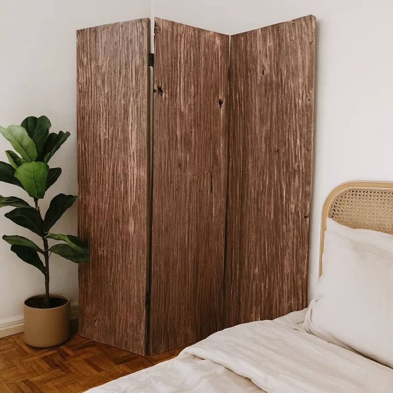 Textured and Bark Designed Wooden 3 Panel Room Divider , Natural Brown