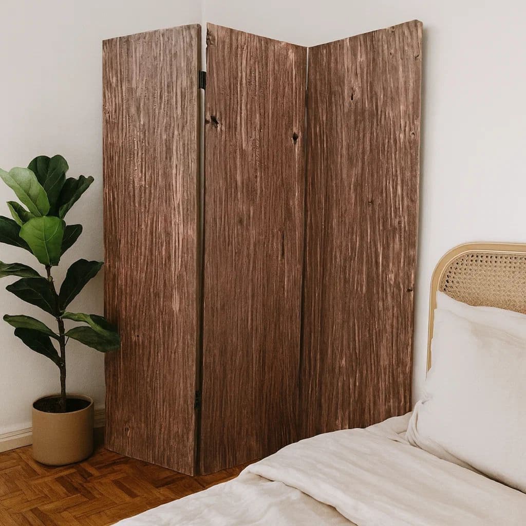 Textured and Bark Designed Wooden 3 Panel Room Divider , Natural Brown
