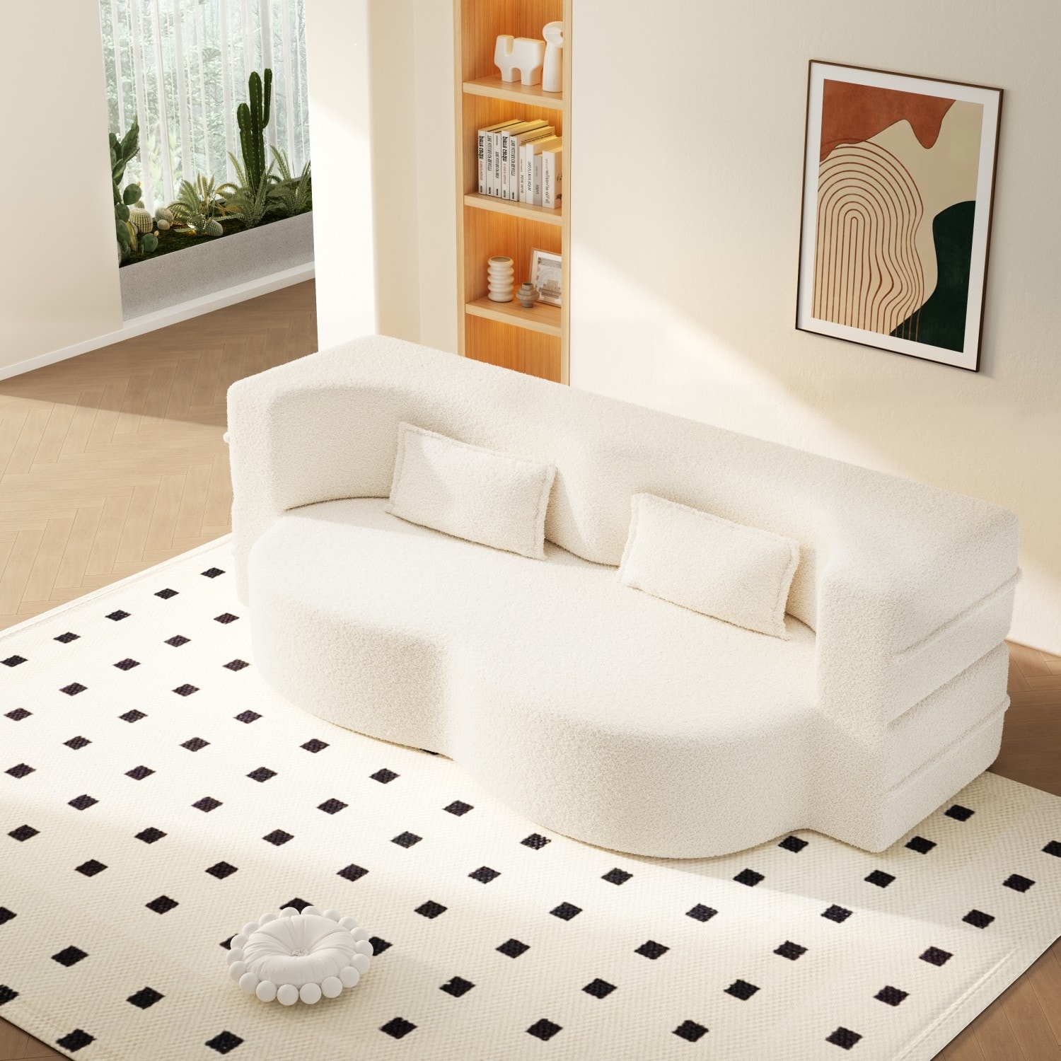 78" Convertible Teddy Fabric Sofa with 2 Pillows, No Assembly Required